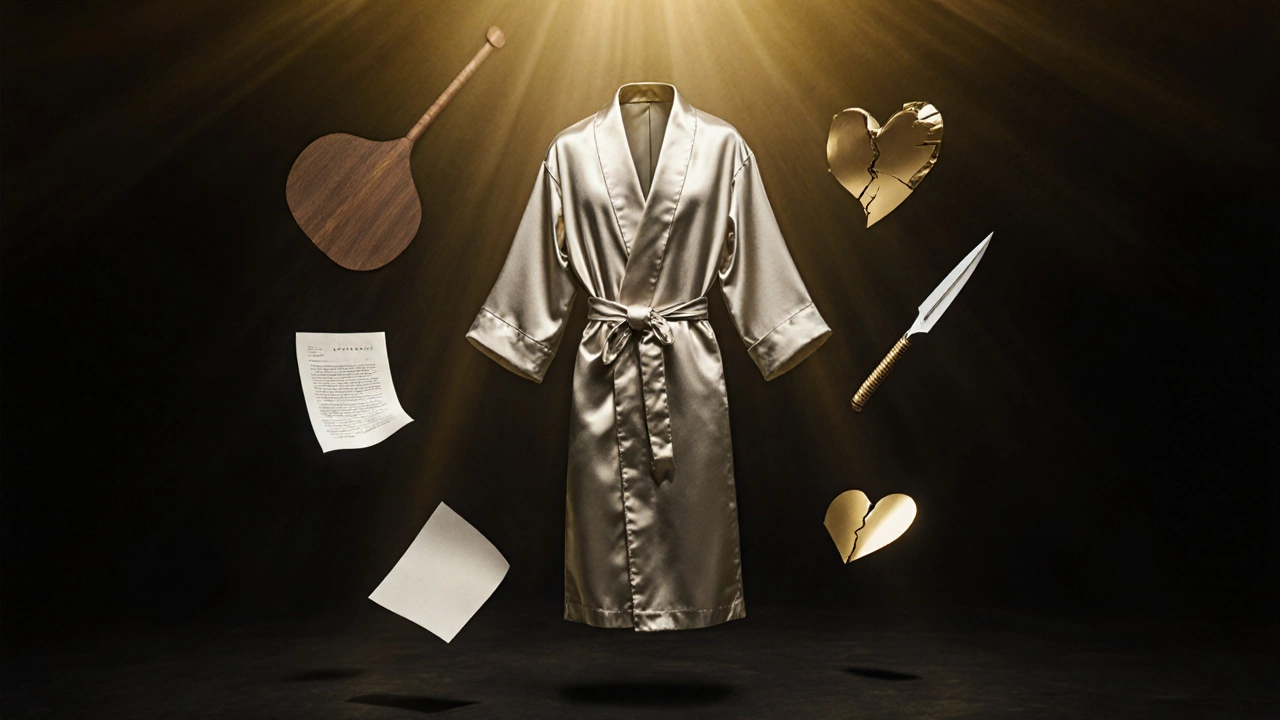 A floating silk robe surrounded by symbolic objects: contract, paddle, razor blade, and broken heart.