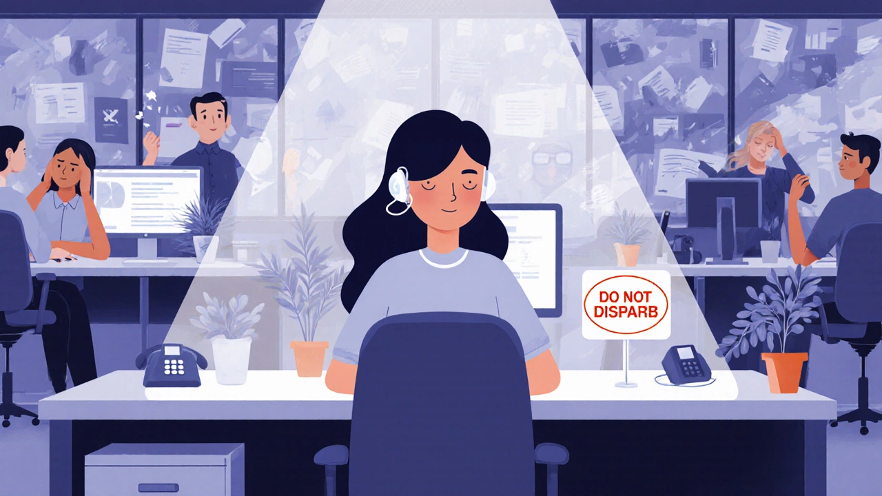 A focused designer wearing earplugs at her desk, calm amid a chaotic open-plan office environment.