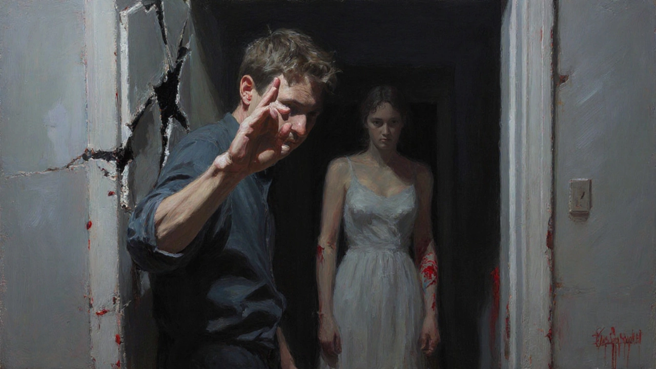 A man beside a cracked door, a woman in background with a bleeding arm, emotional tension in silence.