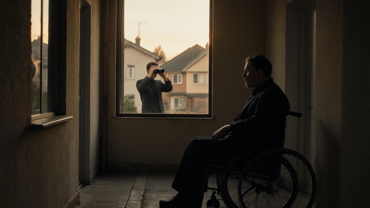 A man in a wheelchair watches a neighbor through a telephoto lens in a quiet courtyard.