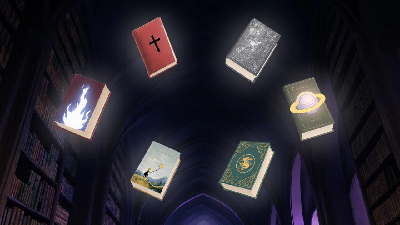 A night‑lit library with glowing book covers representing top‑selling titles.