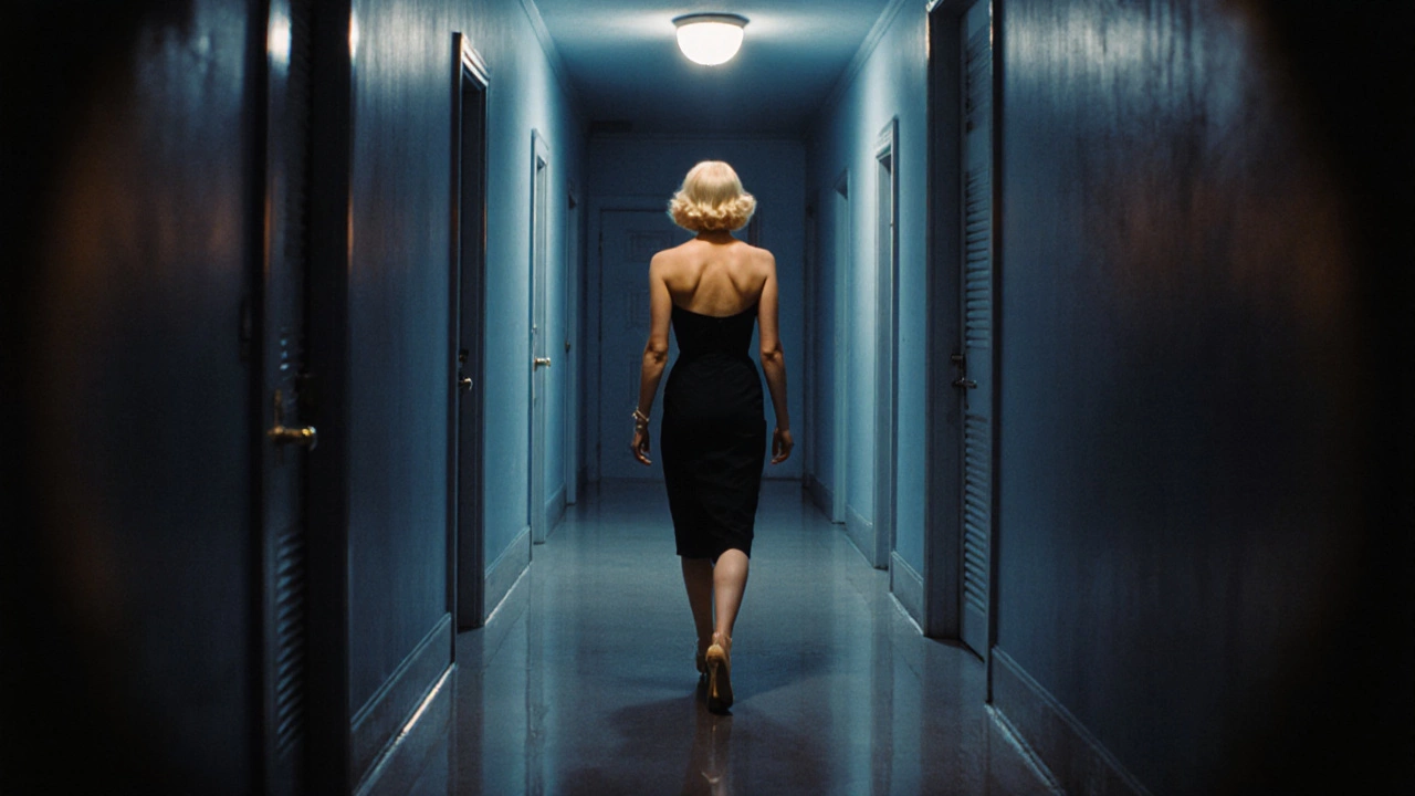 A woman walks down a dark hallway with flickering lights, her reflection hinting at unseen watchers.