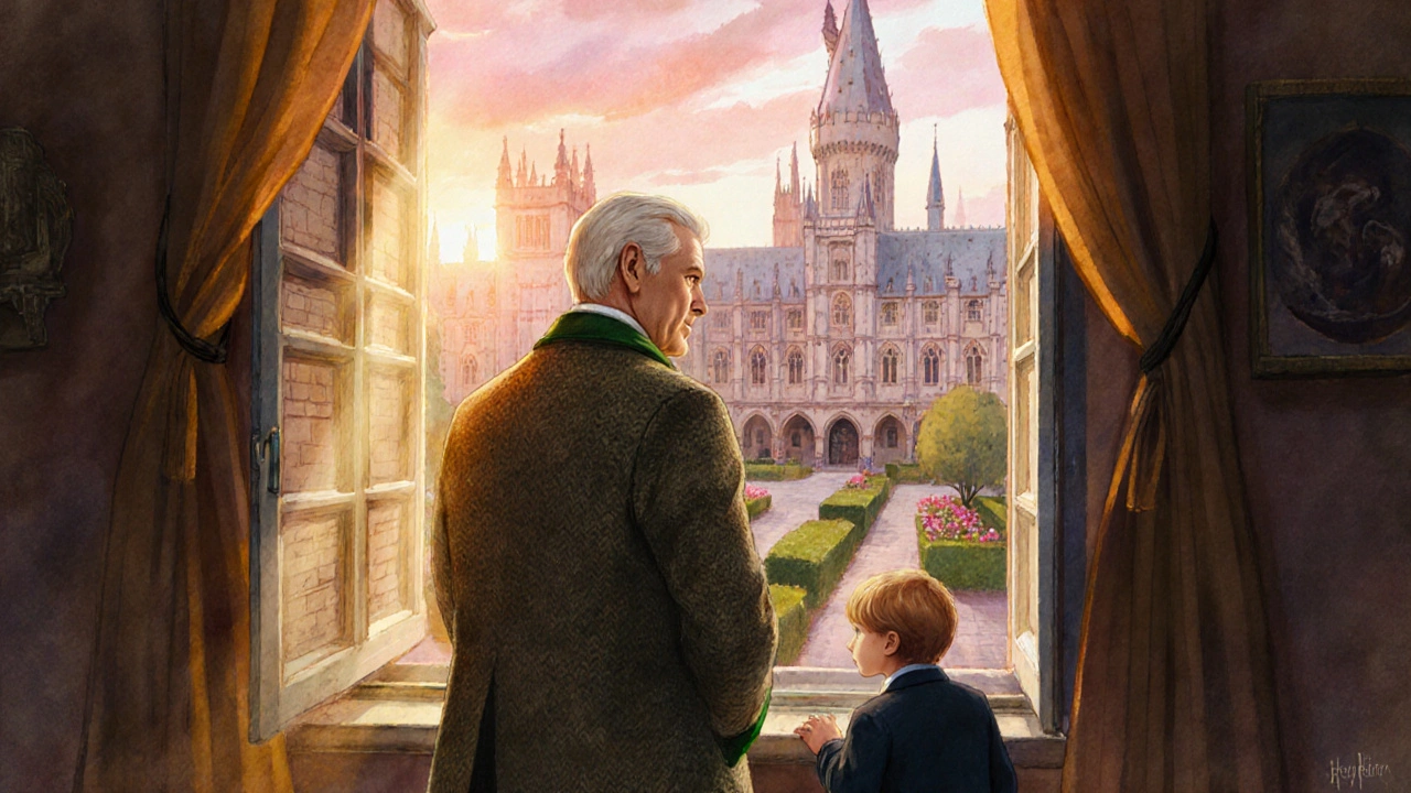 Adult Draco with his son looking out from a sunrise‑lit Hogwarts window.