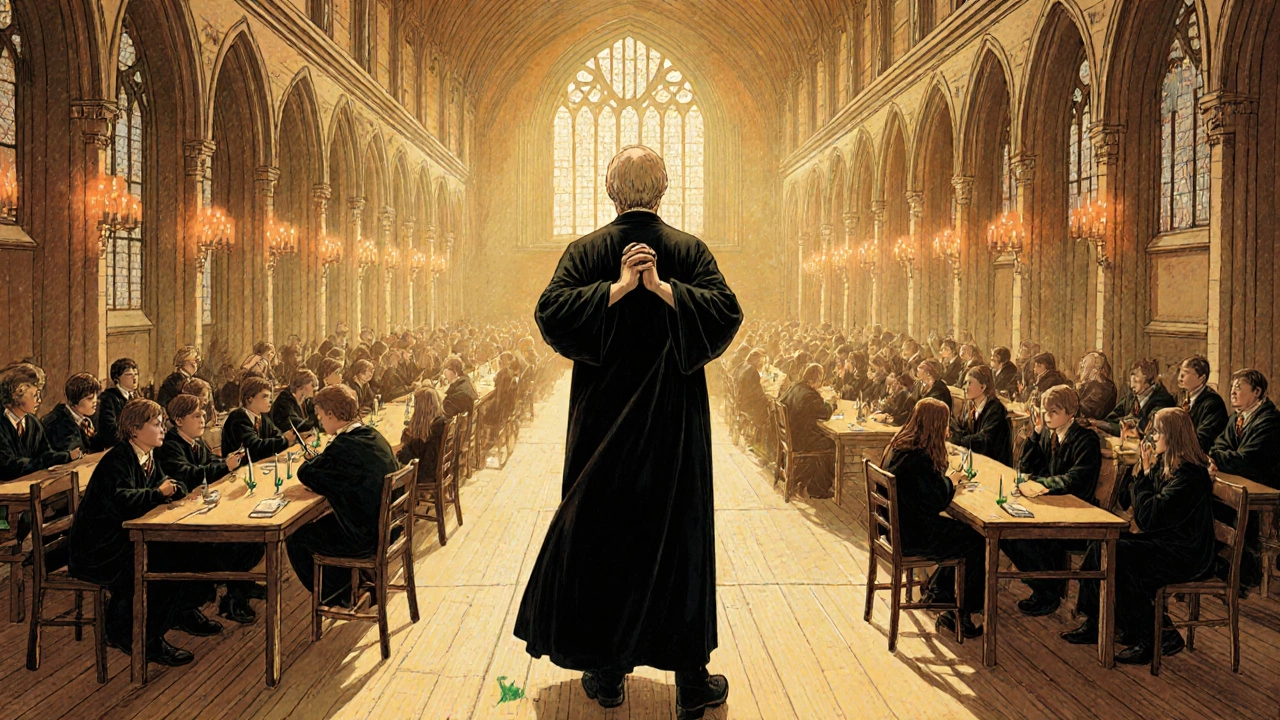Adult Harry standing in a restored Great Hall, surrounded by younger students.