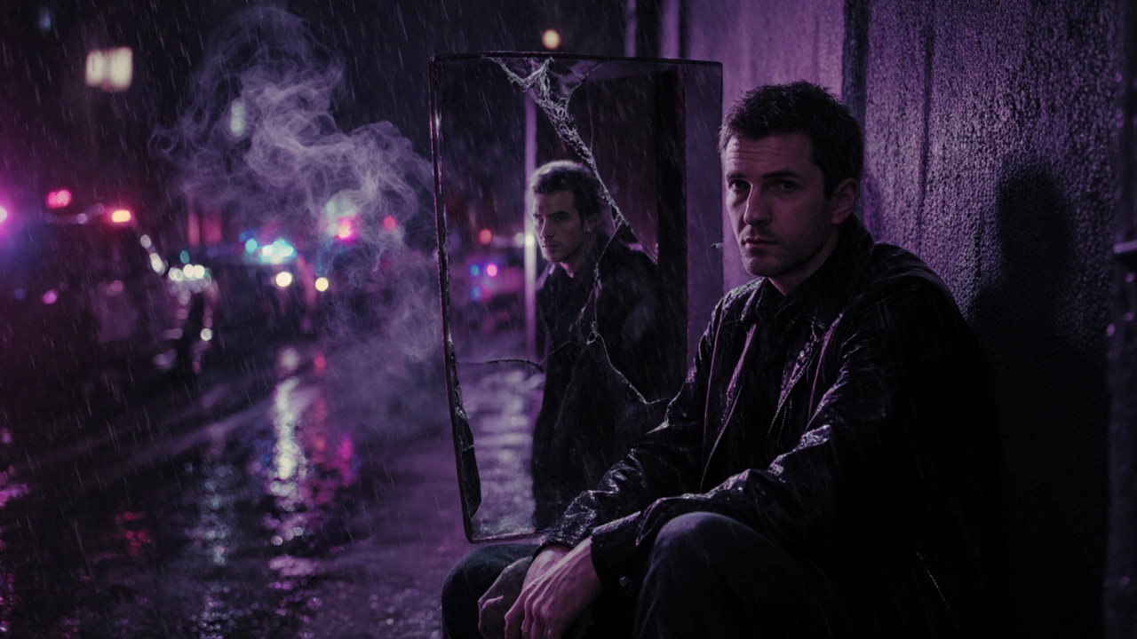 Anti‑hero in a neon‑lit alley reflected in a cracked mirror, rain falling.