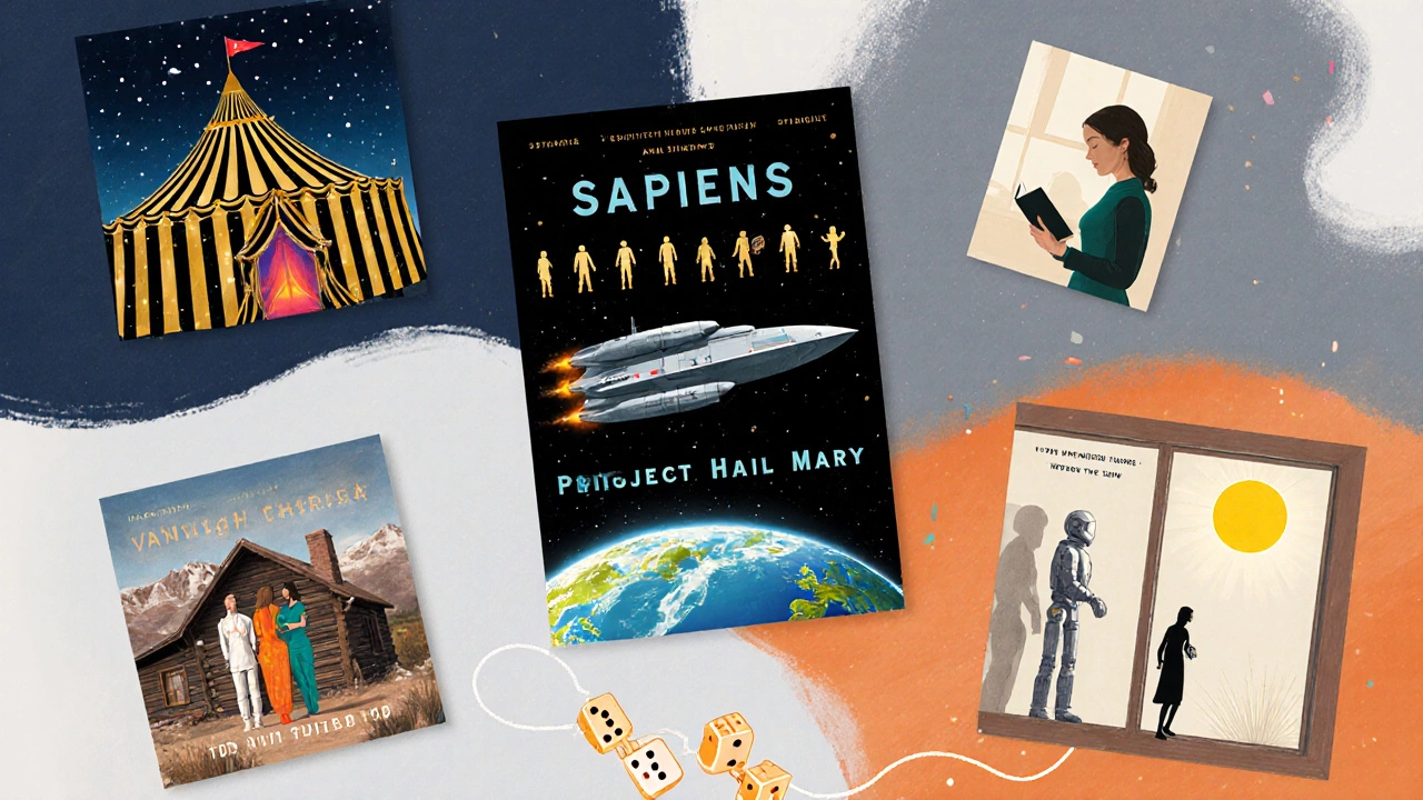 Artistic collage featuring illustrated scenes representing seven recommended books.