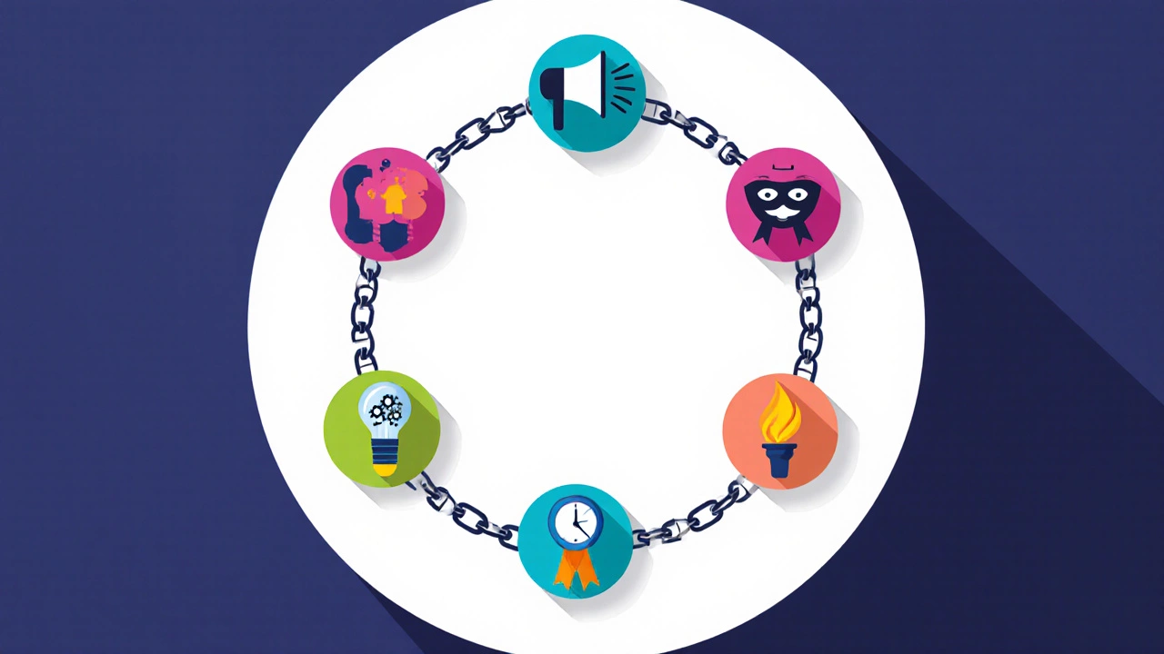 Circular layout of seven colorful icons representing core soft skills.