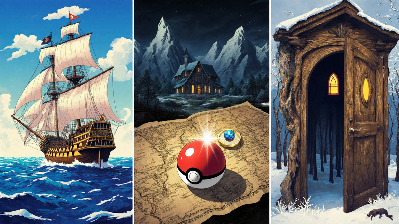 Collage of pirate ship, Pokéball, map, spooky house, and wardrobe.