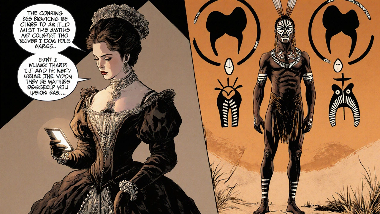 Comic panel showing a Victorian lady with a smartphone and a stereotyped indigenous figure.