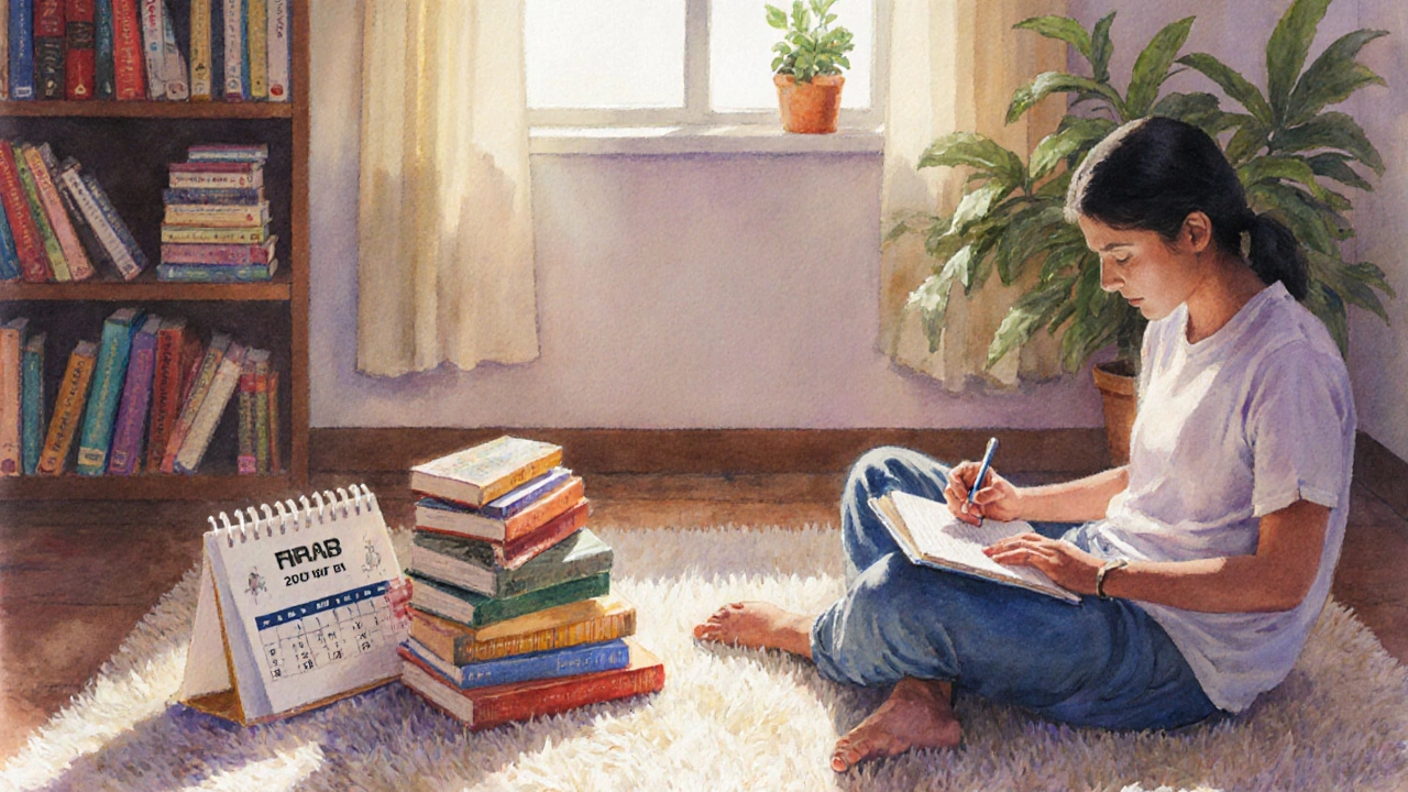 Cozy sunlit reading nook with varied books, notebook, and daily reading schedule.