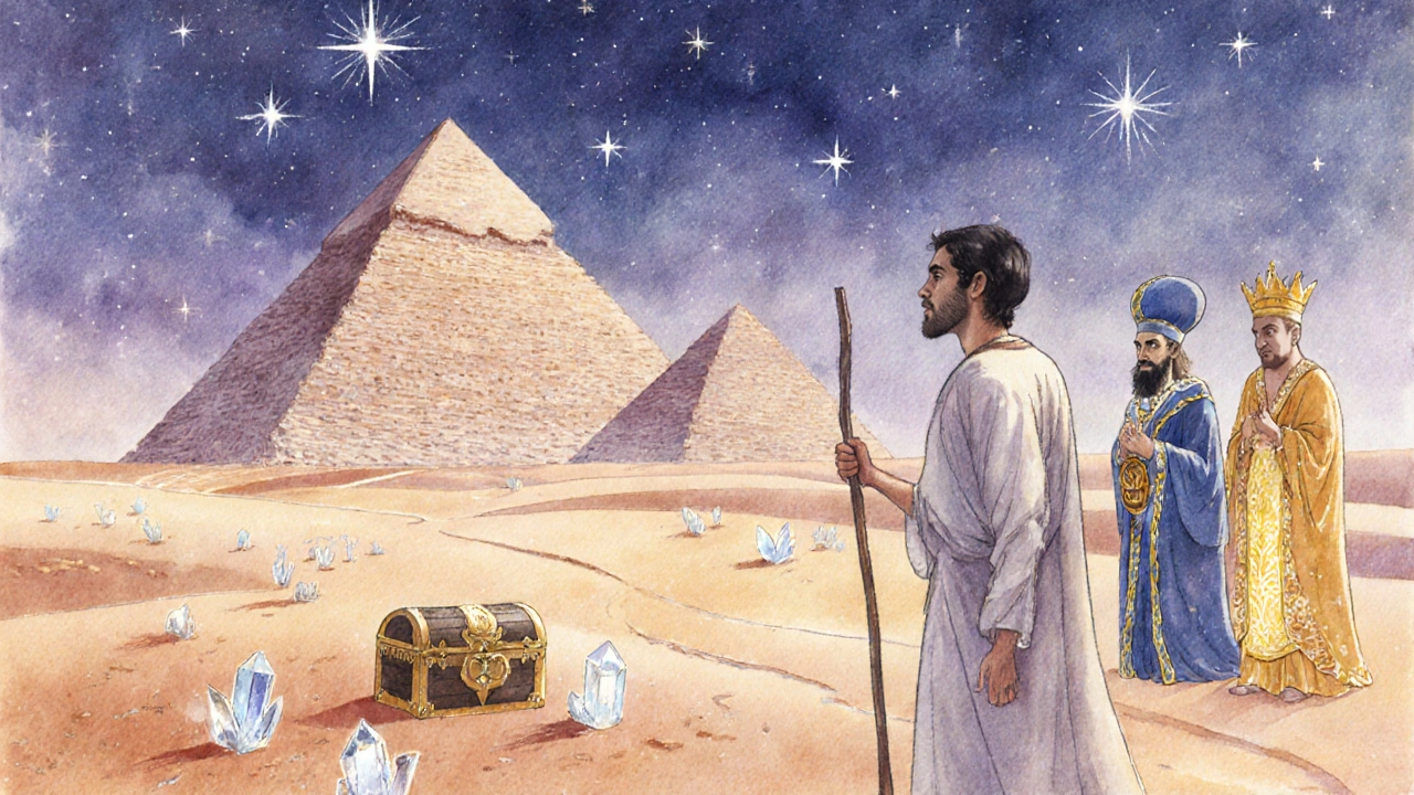 Desert scene with shepherd Santiago, alchemist, and crystal merchant under a glowing sky.