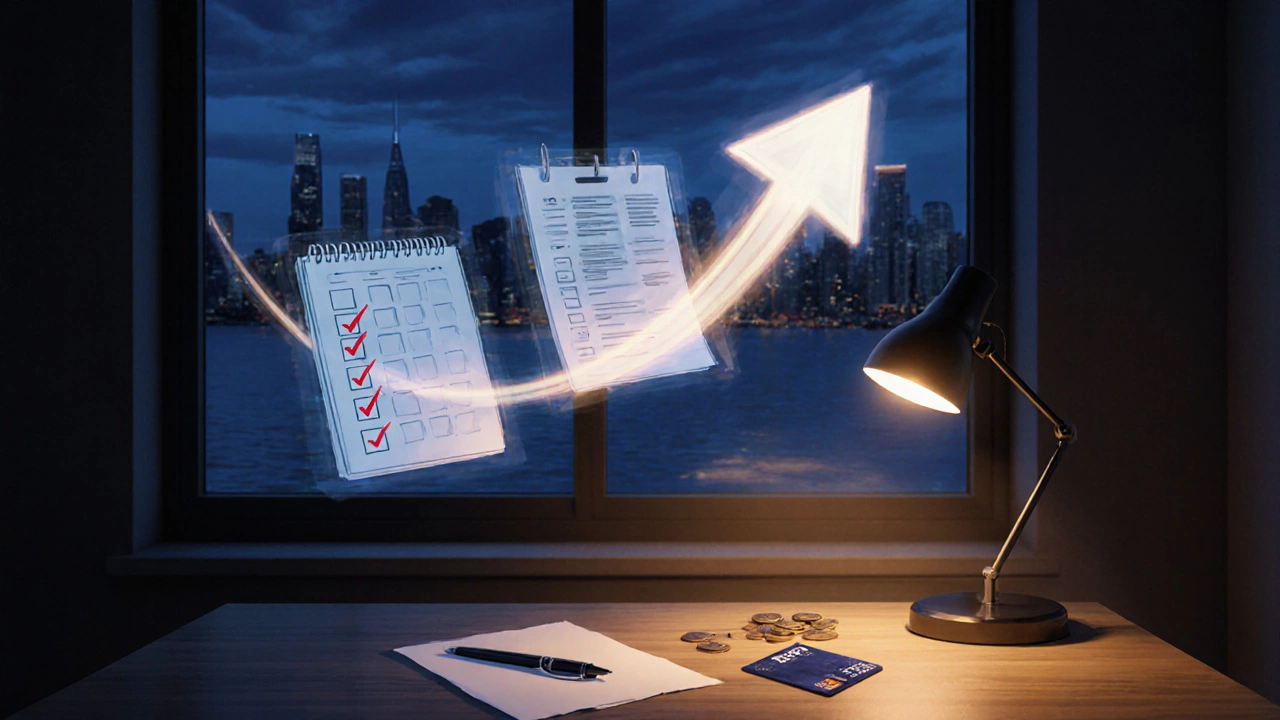 Desk with floating checklist, calendar, tax form, and bank card, symbolizing organized online earnings.
