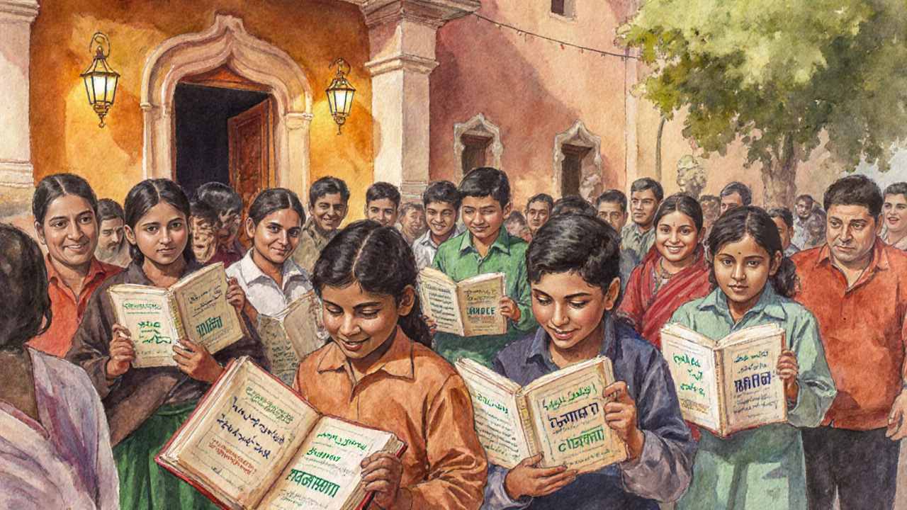 Diverse people receiving multilingual Bibles from volunteers in a warm street scene.