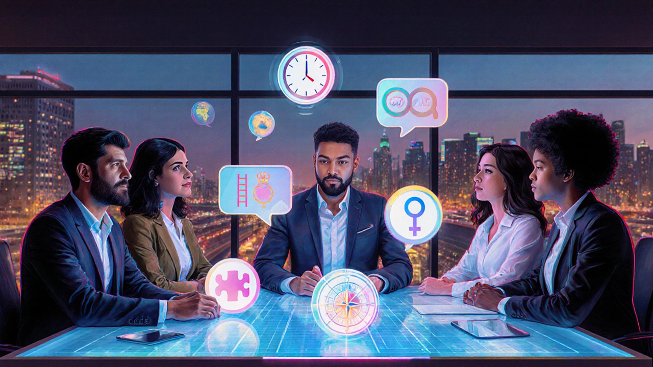 Diverse team around a holographic table with icons of cultural dimensions.