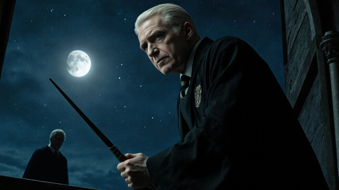 Draco holding a wand on the Astronomy Tower under a moonlit sky.