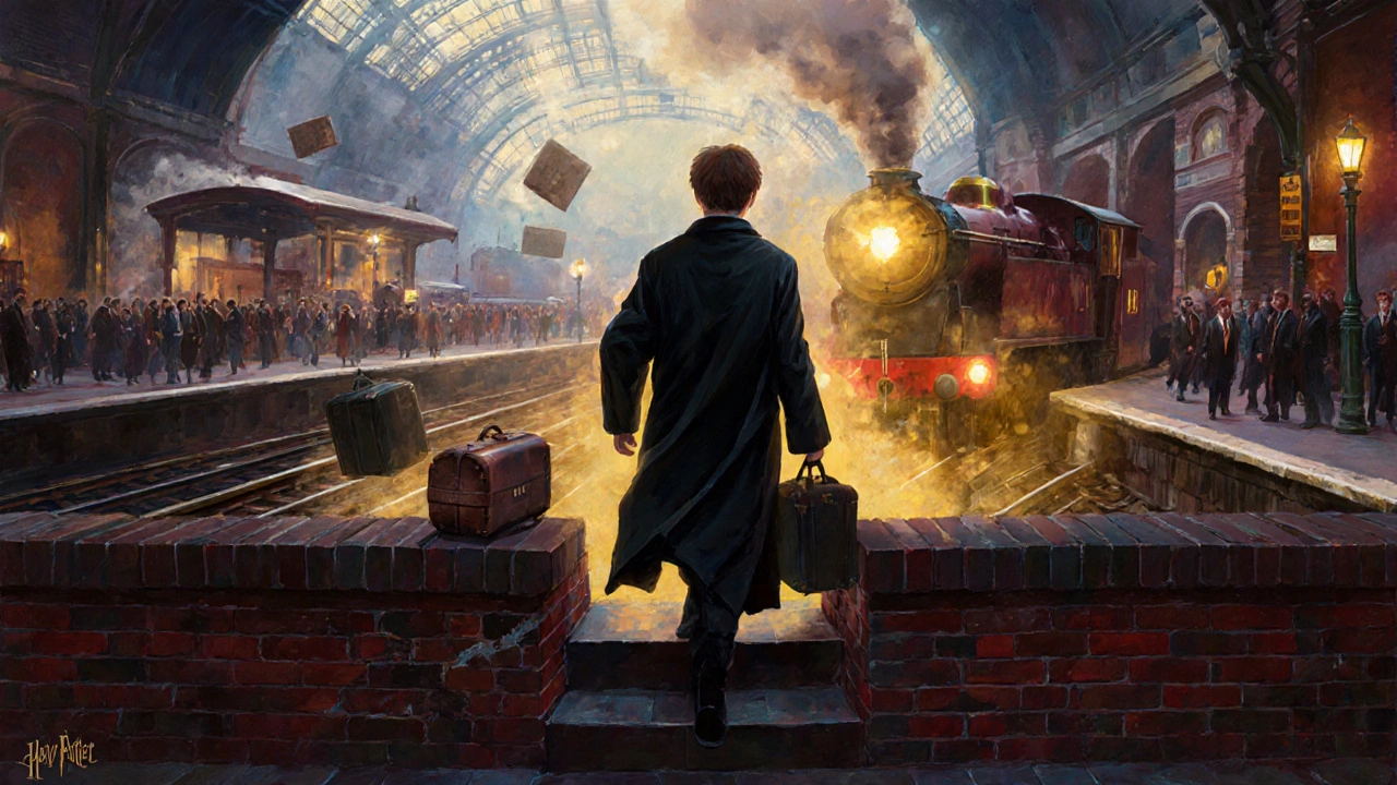Harry stepping onto Platform 9¾, glowing against a bustling station backdrop.