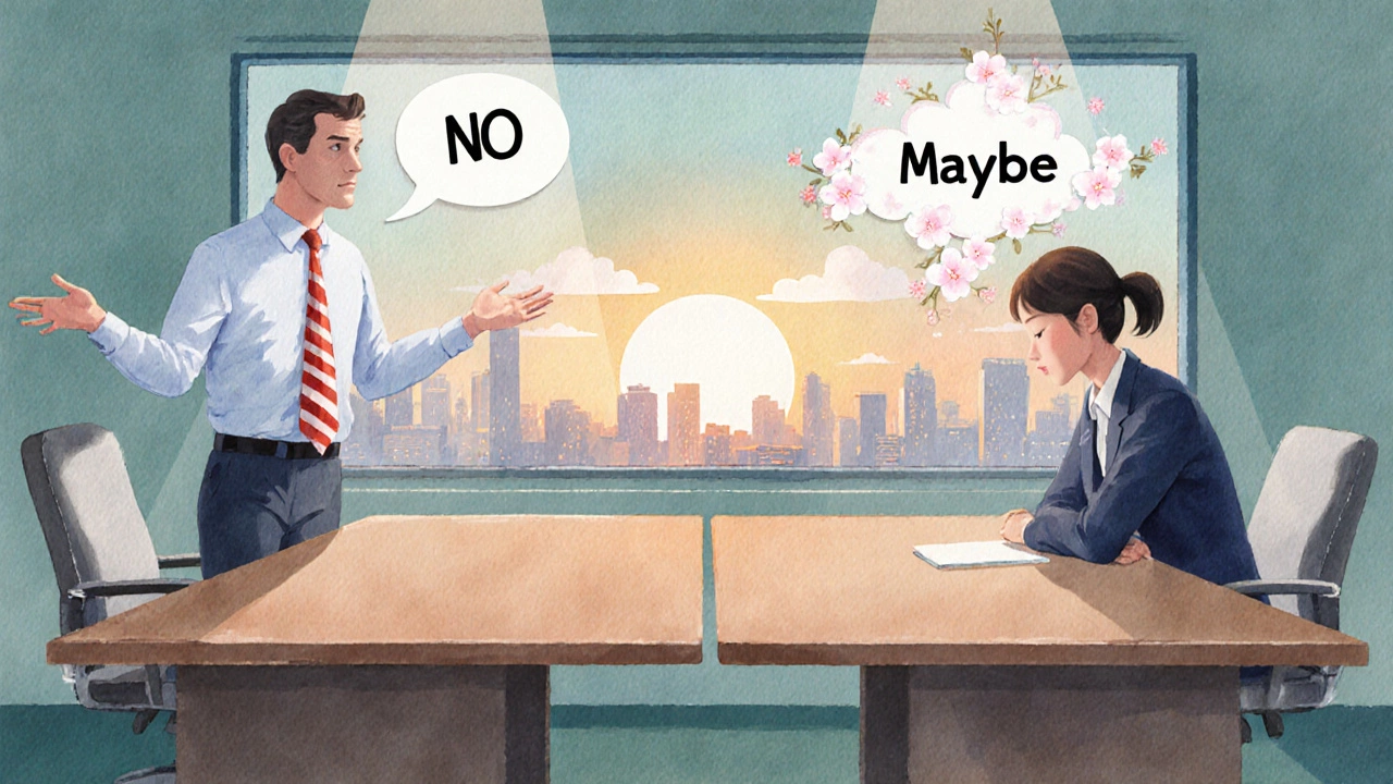 Meeting showing an American manager speaking directly and a Japanese employee responding indirectly.