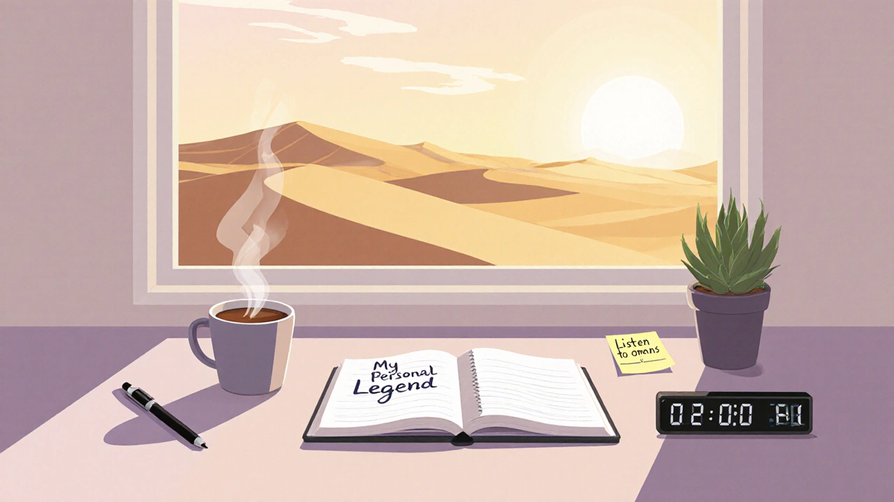 Modern desk with notebook, pen, and &quot;Personal Legend&quot; note, symbolizing daily reflection.