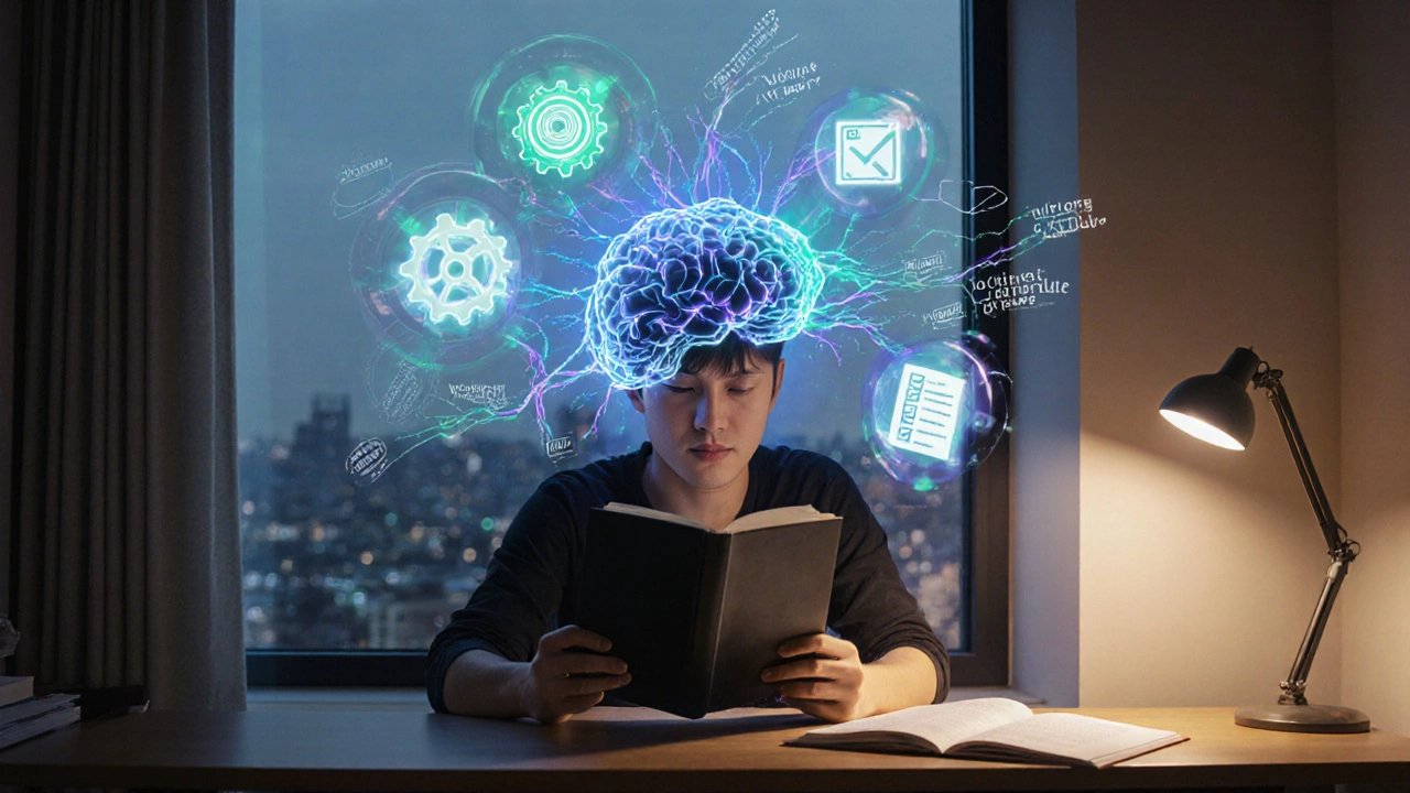 Person reading with glowing neural pathways representing memory, vocabulary, and executive function.