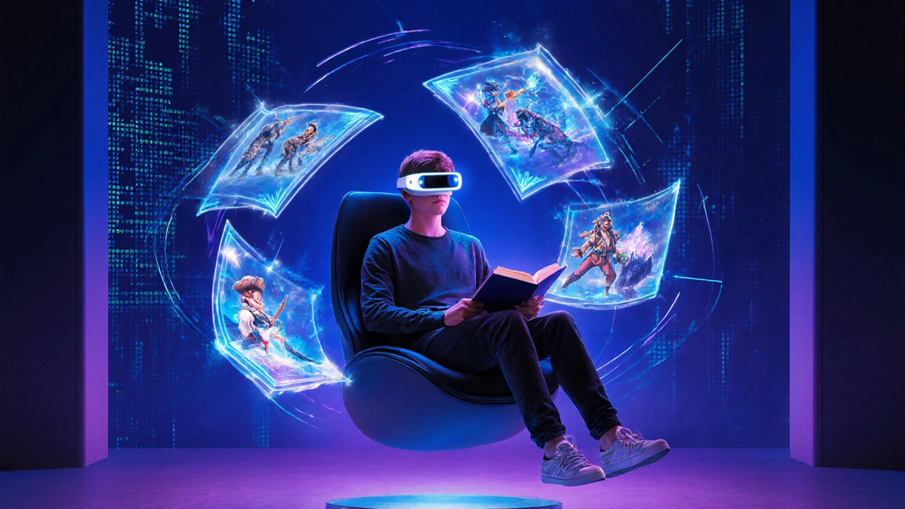 Person with AR glasses surrounded by holographic book pages.