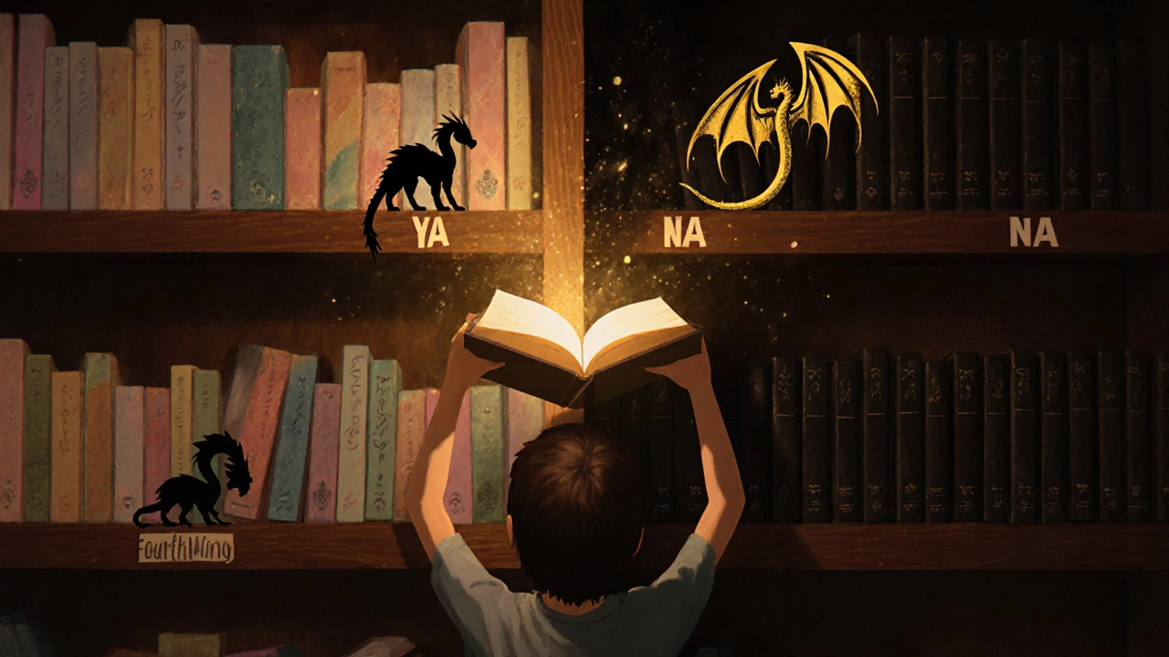 Reader holding Fourth Wing between YA and NA shelves, book glowing to unite the two sections.