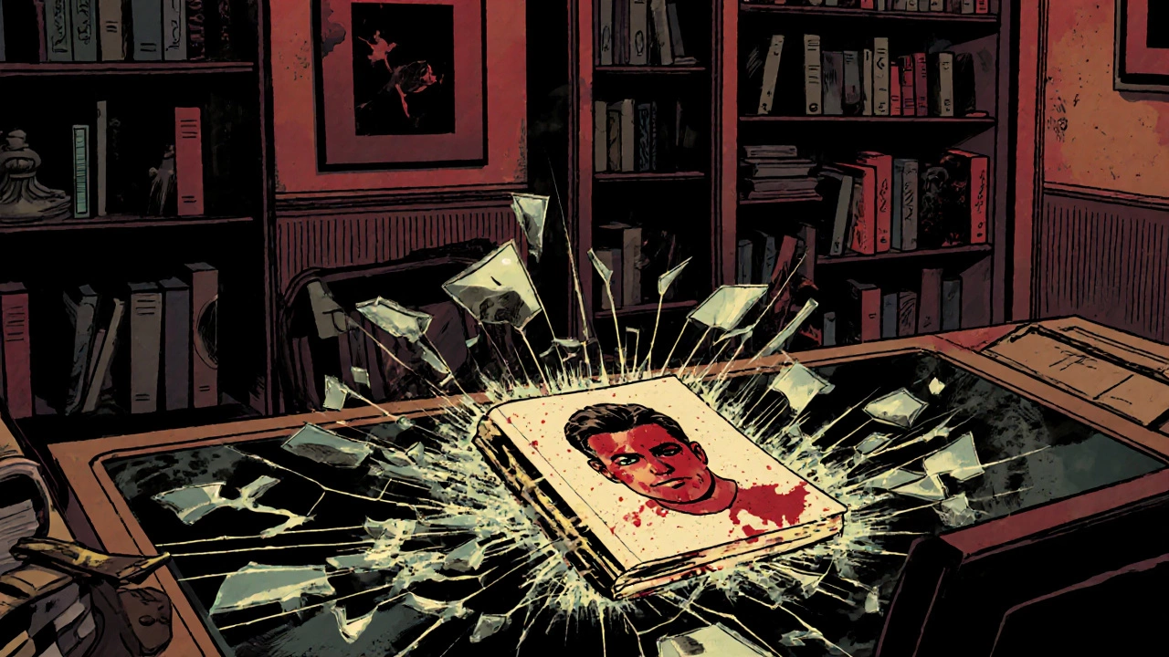 Shattered glass reveals a bloody photo, hinting at a twist ending.
