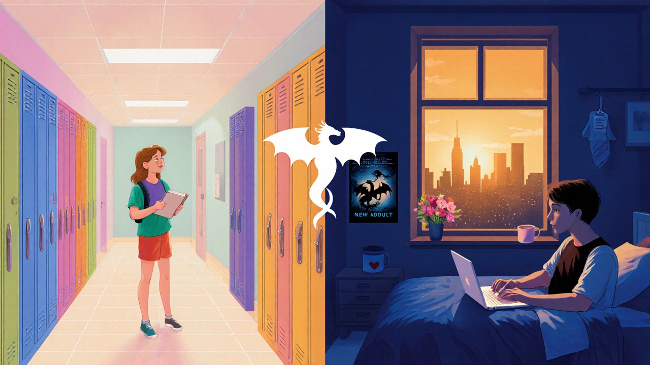 Split illustration contrasting teen high‑school scene with young‑adult dorm setting, both featuring dragon motifs.