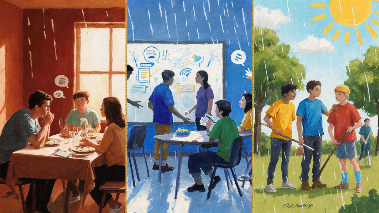 Split scene of family dinner, classroom teamwork, and community clean‑up linked by a golden thread.