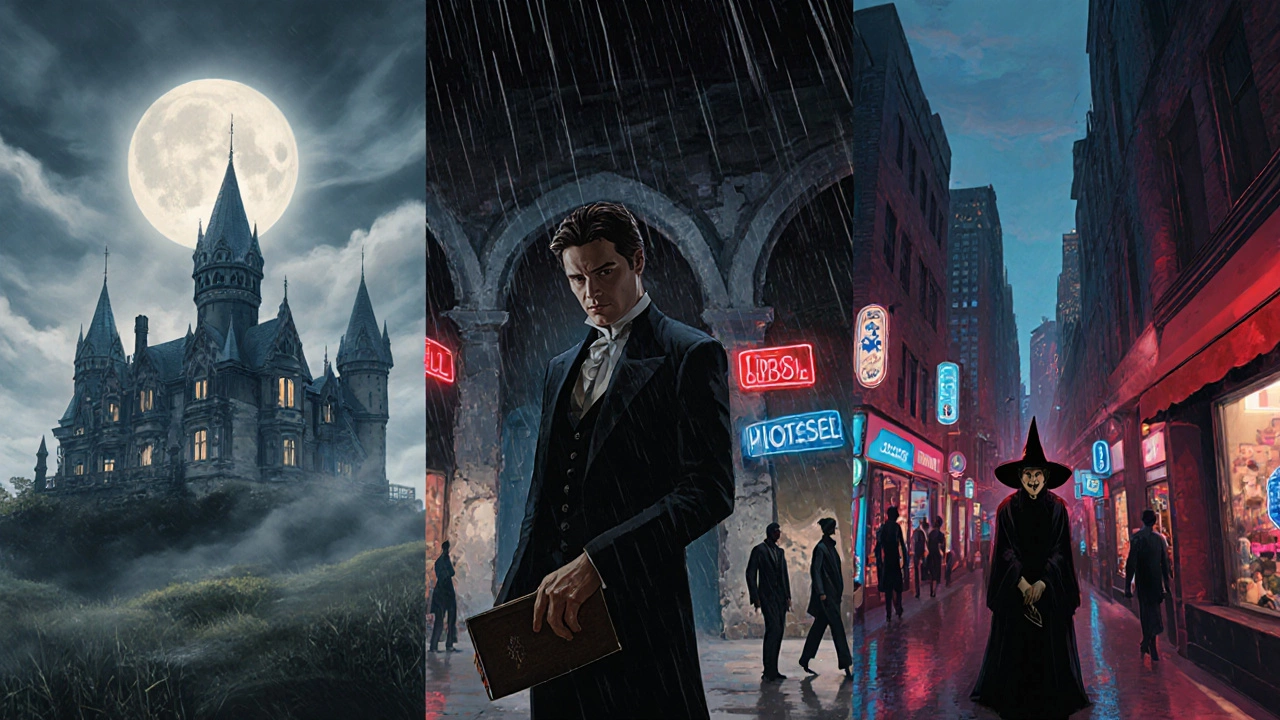 Three panels showing a gothic mansion, urban warehouse, and modern city with supernatural hints.