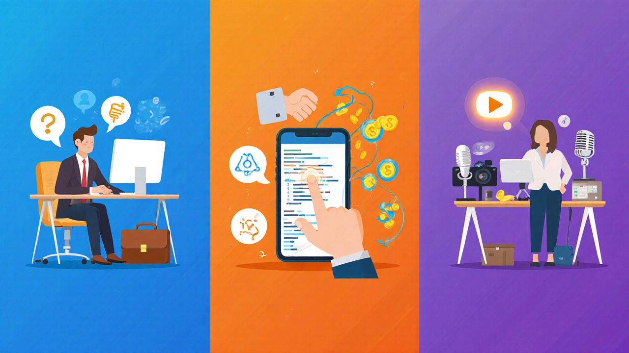 Three people illustrating freelance work, survey tasks, and content creation in a colorful panel collage.