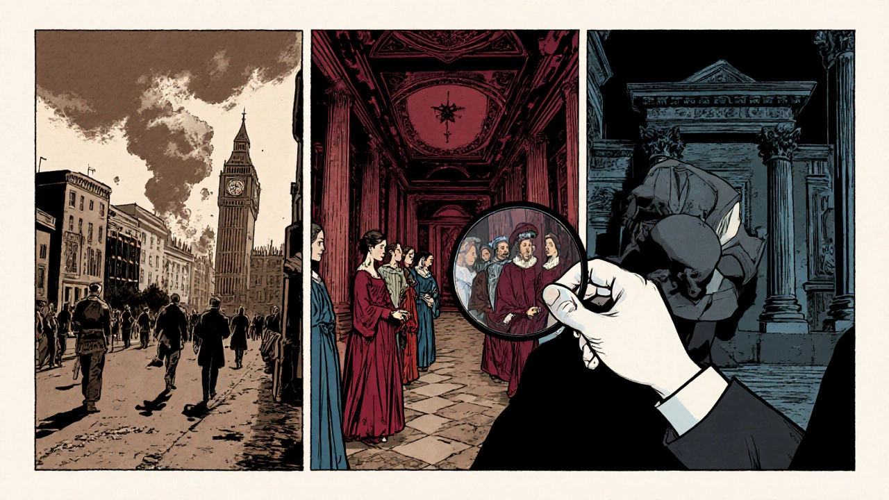 Vintage comic‑style image of a reader examining a collage of different historical eras with bold outlines.