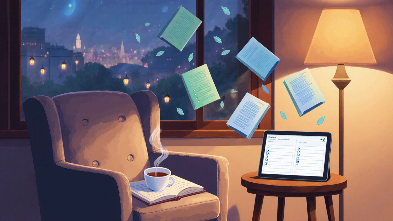 Warm reading nook with tea, notebook, and floating pages representing reading habits.