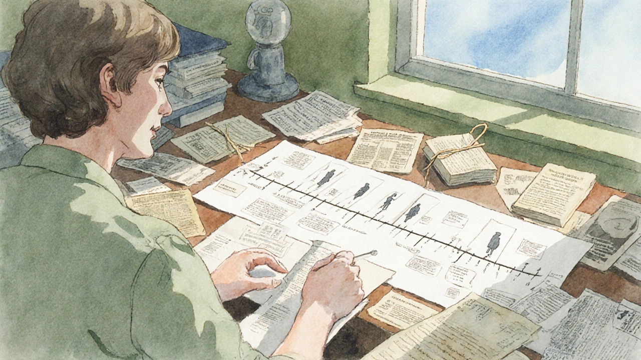 Watercolor illustration of an author surrounded by letters, newspaper clippings, and a timeline linking fictional characters to real events.