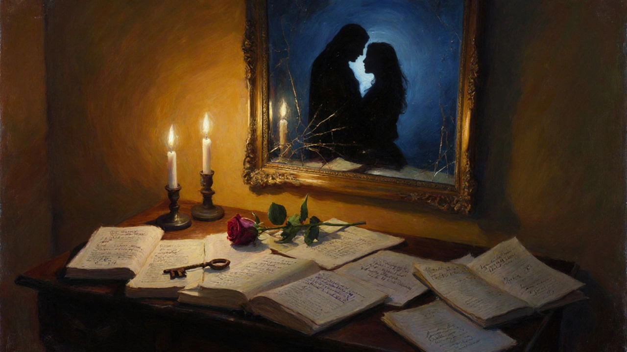 Writer&#039;s desk at twilight with manuscripts, candlelight, and reflected silhouettes of a dark couple.