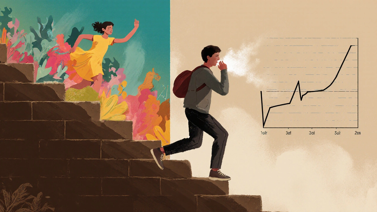 A 40-year-old person breathing heavily after climbing stairs, with a split background showing past energy and current fatigue.