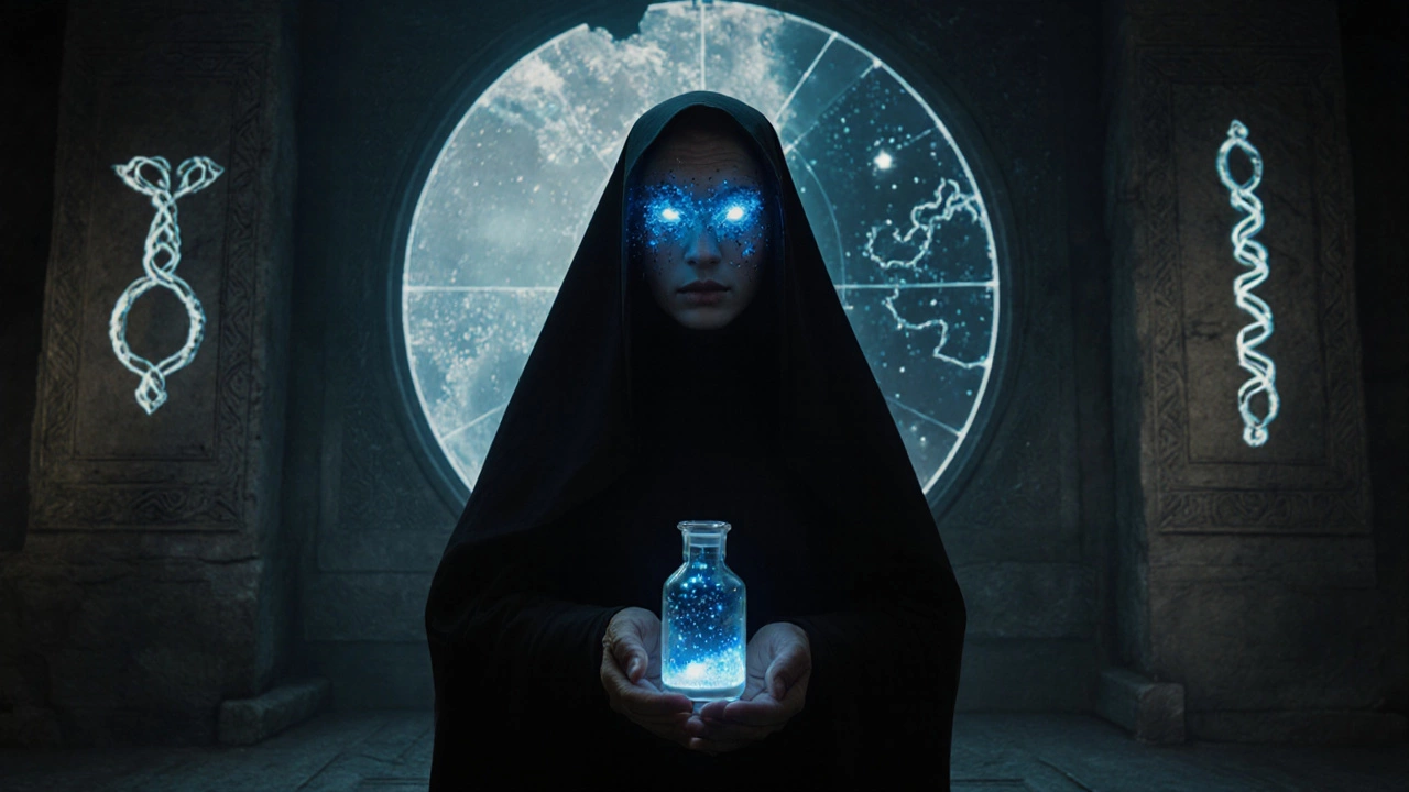 A Bene Gesserit elder holds glowing spice as star maps blend with ancient religious carvings in shadowy light.
