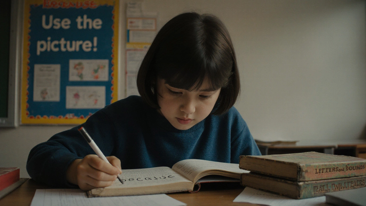 A frustrated third-grade student staring at the word &#039;because&#039; while a misleading reading poster hangs on the wall.