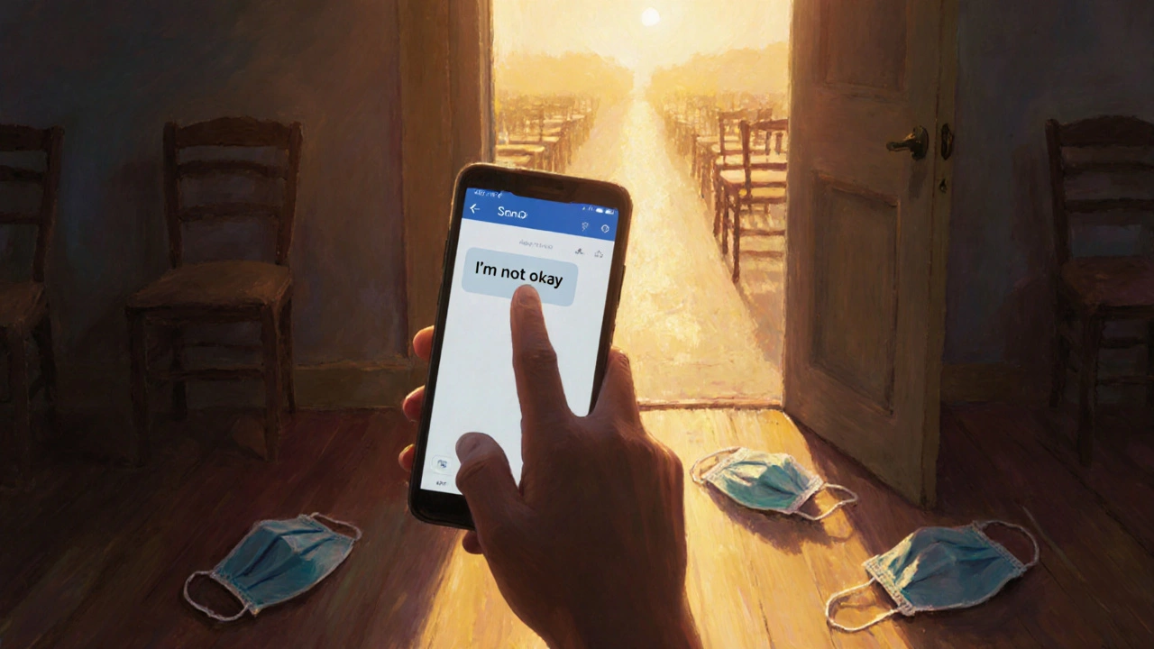 A hand sending a vulnerable message as morning light shines through an open door.