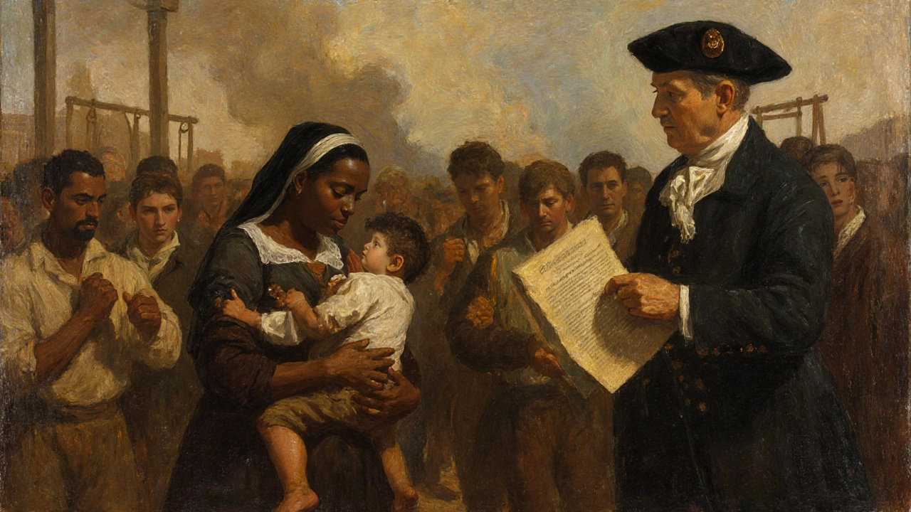 A mother clutches her child in a colonial marketplace as an official holds a document, others watch in fear.