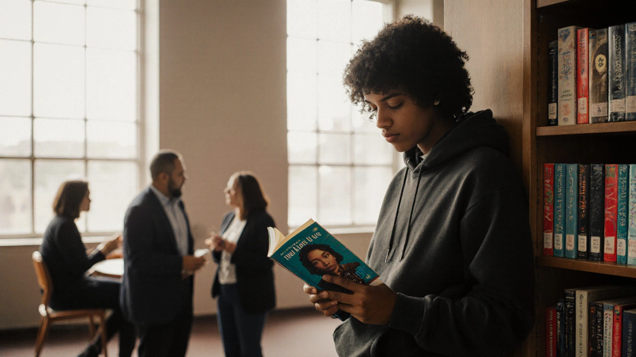 A non-binary teen reads &#039;The Hate U Give&#039; in a sunlit library as adults quietly discuss books around them.