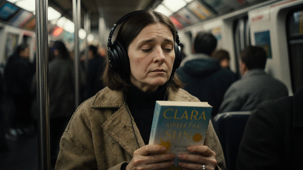 A woman in a subway listens to a YA audiobook, tears in her eyes, surrounded by blurred commuters.