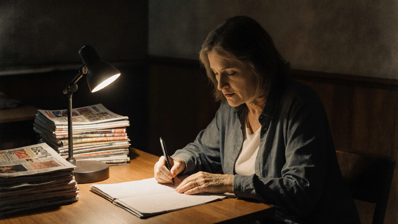 A woman writing in a night class, lit by a desk lamp, with rejected submissions nearby.
