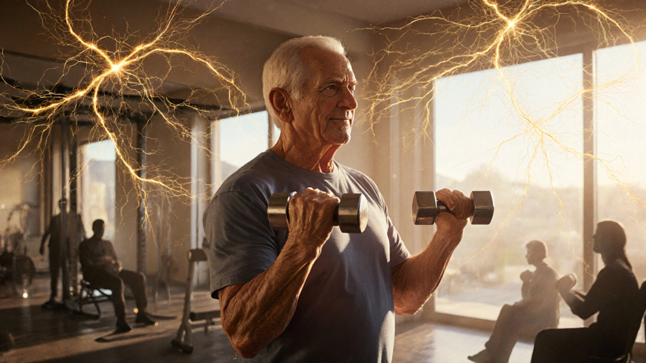 An older adult lifting weights in a sunlit home gym, with glowing connections between muscles and brain pathways.