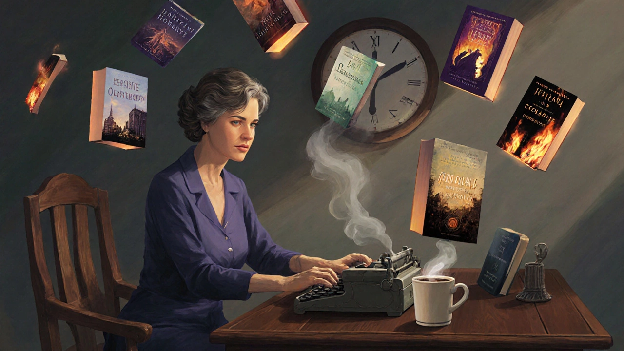 Author Nora Roberts typing at a desk at dawn, surrounded by glowing book covers of her diverse romance genres.