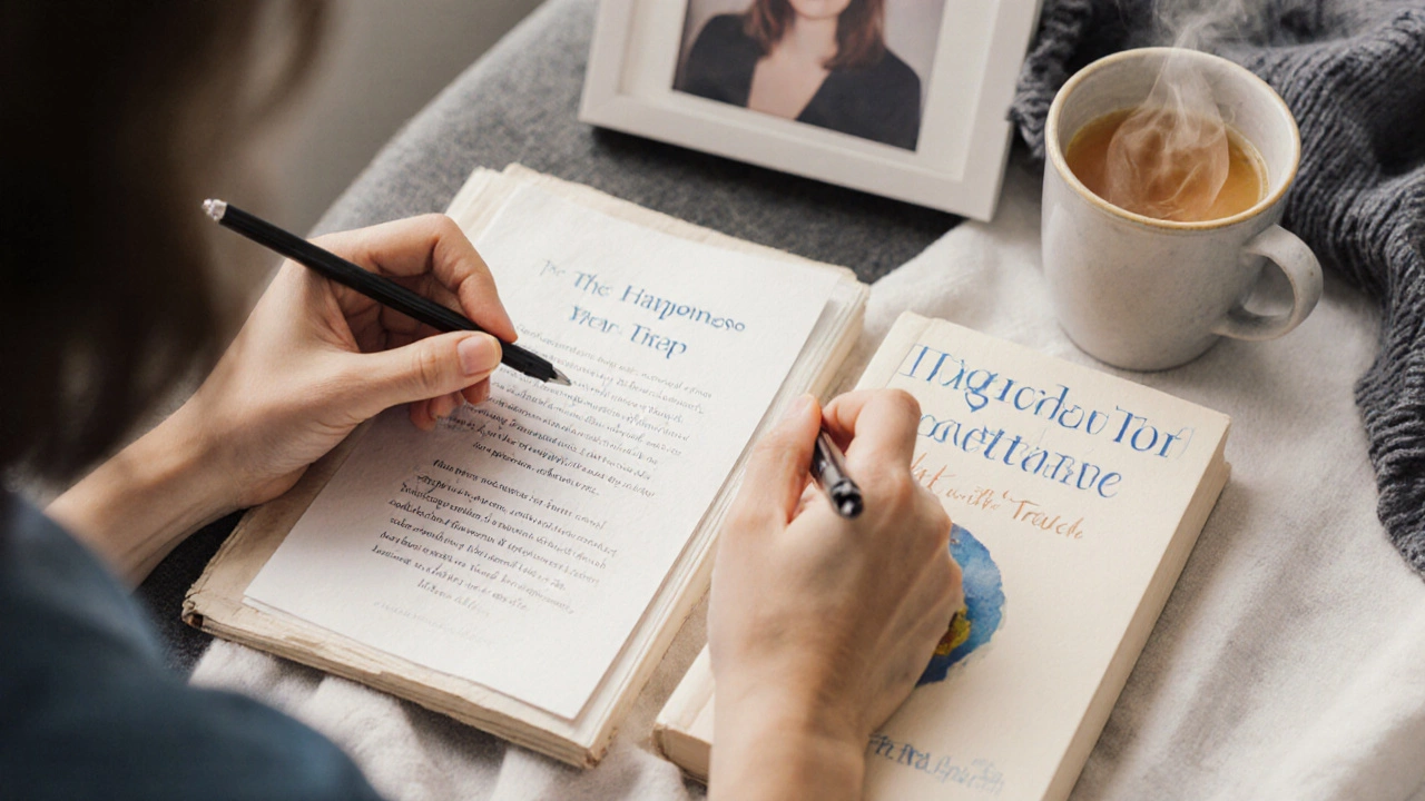 Hands completing a mindfulness exercise from a therapy-recommended self-help book.