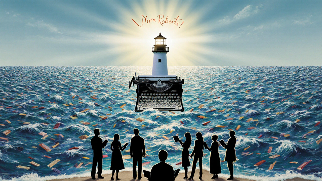 Ocean of romance books with a typewriter-shaped lighthouse beam shining over diverse readers on shore.