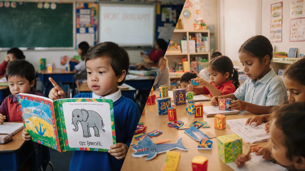 Split classroom scene: one side shows picture-based reading, the other structured phonics with letter tiles.