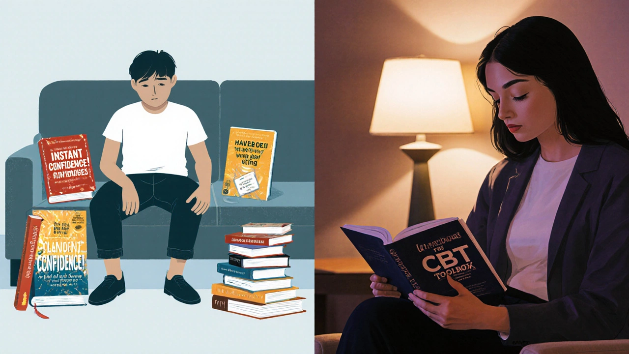 Split image: overwhelmed person with flashy self-help books vs. calm person with structured workbook.