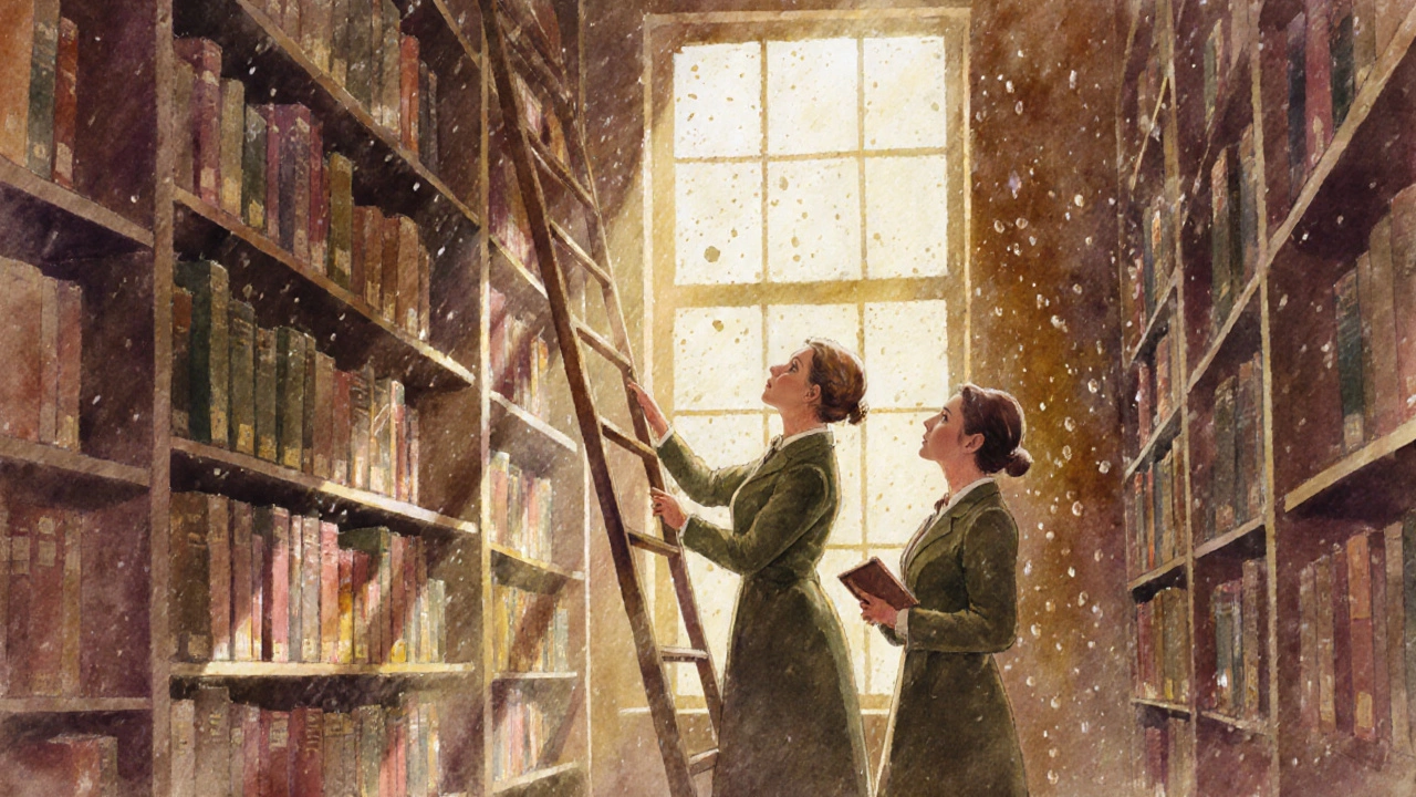 Two librarians in a cozy town library, reaching for a book together in golden afternoon light.