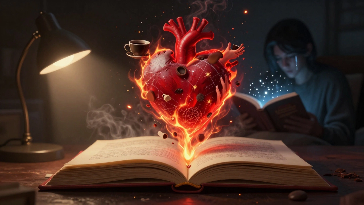A book opens in midair, releasing fiery hearts that dissolve into star maps and trembling hands.